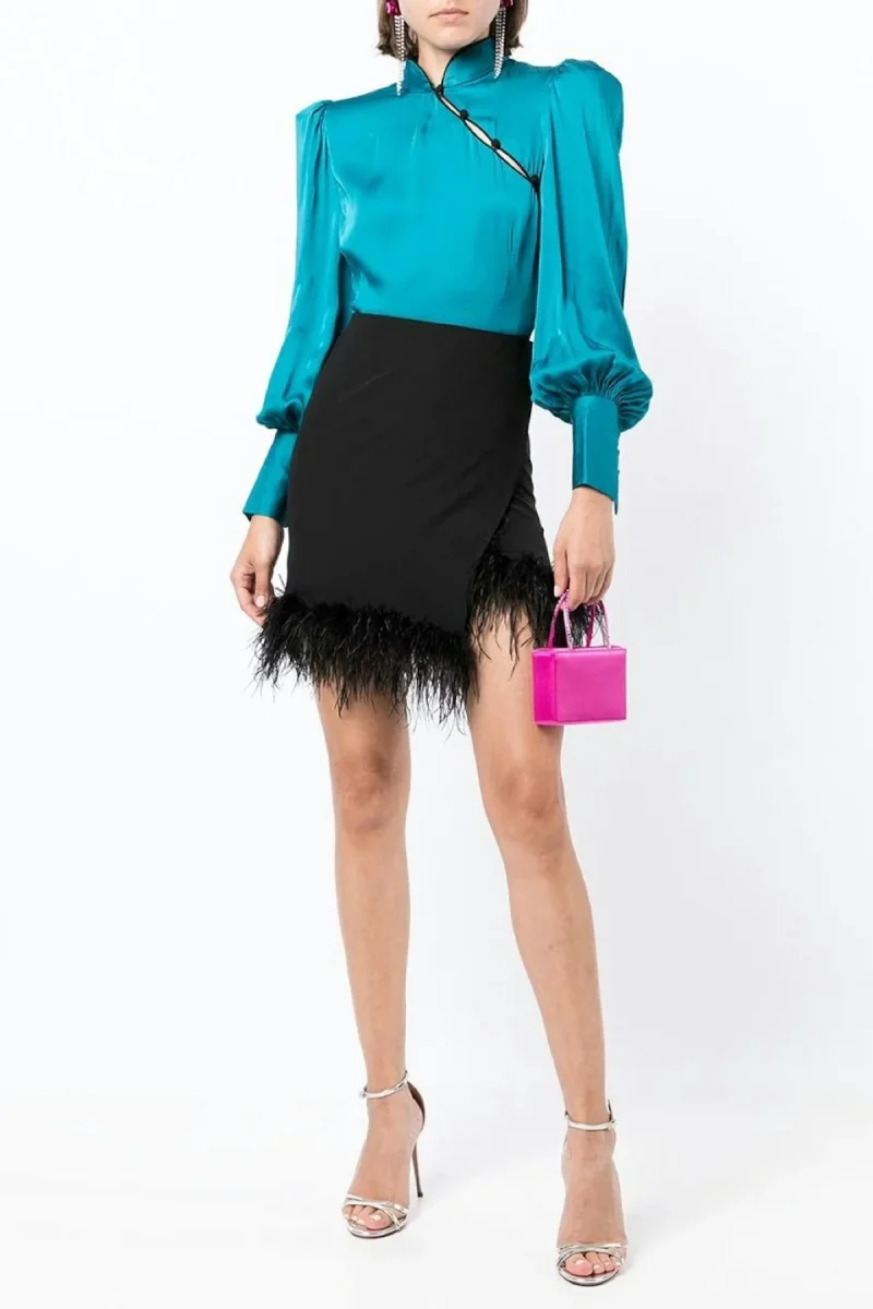 De La Vali Blue Satin Mandarin Collar Pachino Blouse - Imagen 3