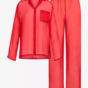 Skims Red Sheer Silk Button-Up Pyjama Shirt Top + Bottoms Set