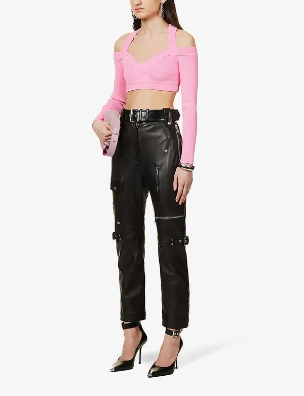 Alexander McQueen Pink Sweetheart Neck Cropped Rib Knit Long Sleeve Top - Imagen 8