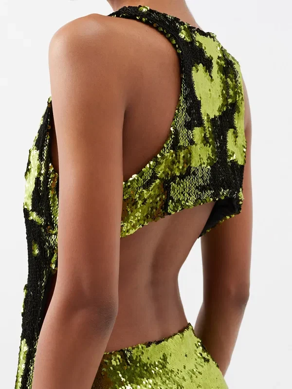 Marques Almeida Green Cutout-Back Sequinned Party Crop Top - Imagen 6