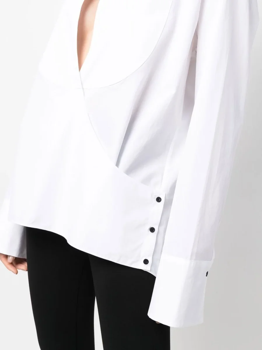 MAXIMILIAN DAVIS White Midnight Plastron Wrap Cotton Poplin Shirt - Imagen 5