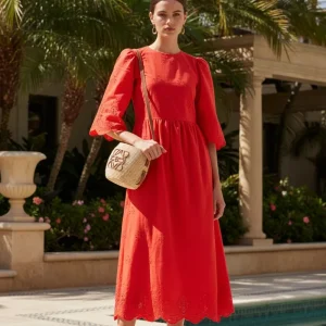 Borgo De Nor Red Carla Broderie Anglaise Cotton Maxi Dress