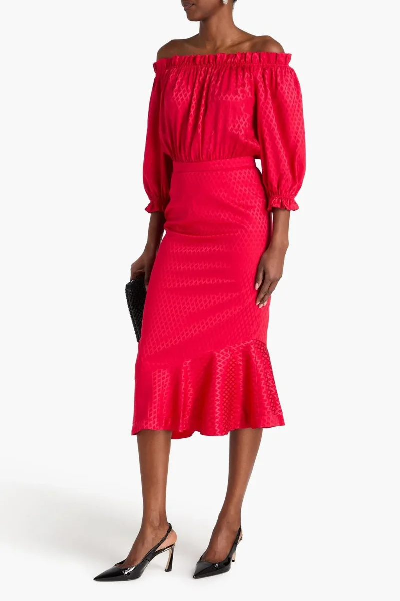 Saloni Grace Off The Shoulder Silk Satin Jacquard Midi Dress - Imagen 5