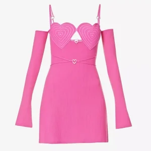 MACH & MACH Love Heart Crystal Detail Pink Knit Off Shoulder Party P21 Mini Dress