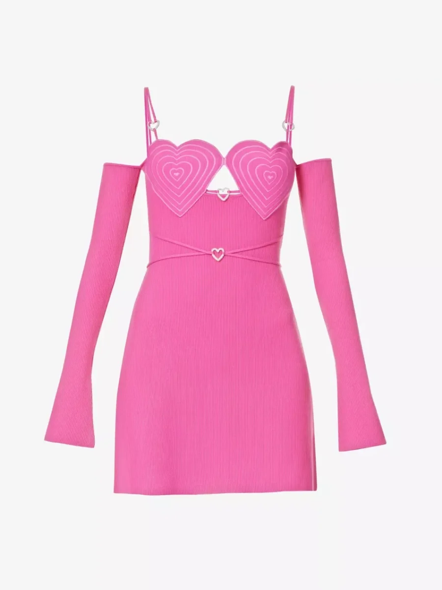 MACH & MACH Love Heart Crystal Detail Pink Knit Off Shoulder Party P21 Mini Dress
