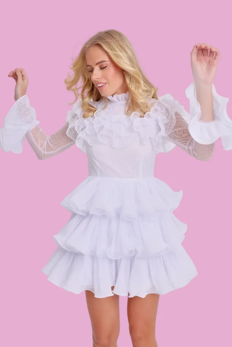 Amy Jane London White Long Sleeve Ruffle Tiered Detail Flared Evalina Mini Dress
