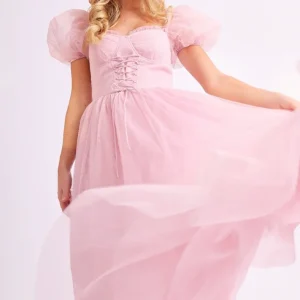 Amy Jane London Pink Tiffany Corset Bodice Sparkly Tulle Puff Sleeve Sweetheart Neck Maxi Gown