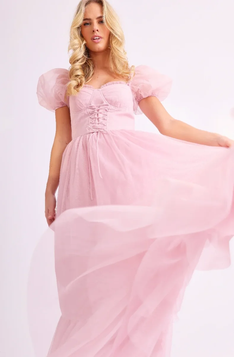 Amy Jane London Pink Tiffany Corset Bodice Sparkly Tulle Puff Sleeve Sweetheart Neck Maxi Gown