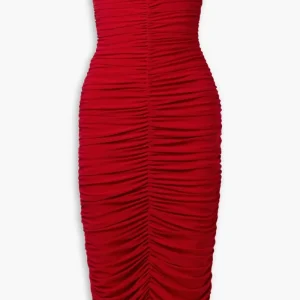 Norma Kamali Red Slinky Gathered Ruched Sweetheart Neck Strapless Dress