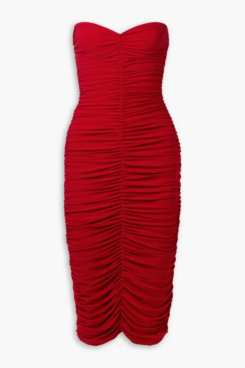 Norma Kamali Red Slinky Gathered Ruched Sweetheart Neck Strapless Dress - Imagen 2
