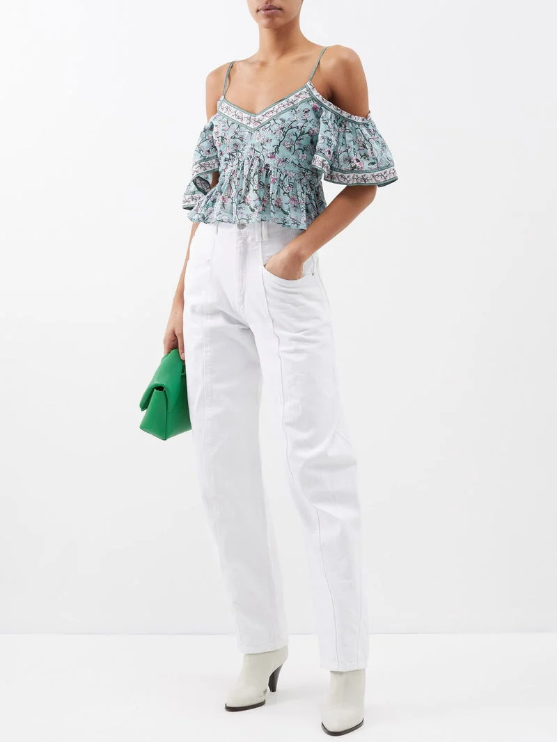 Isabel Marant Etoile Garuva Off-Shoulder Cotton Blue Floral Top - Imagen 3