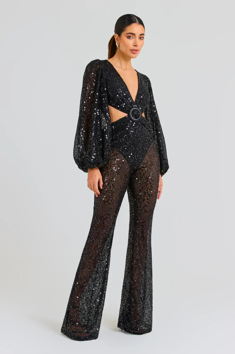 Nadine Merabi Black Madison Sequin Net Embellished Detail Cut-Out Jumpsuit - Imagen 6