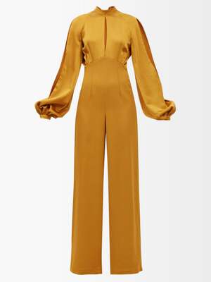 TALLER MARMO Huston Backless Balloon-Sleeve Crepe Yellow Gold Jumpsuit - Imagen 3