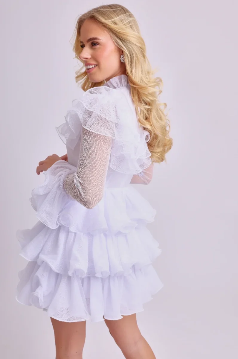 Amy Jane London White Long Sleeve Ruffle Tiered Detail Flared Evalina Mini Dress - Imagen 5