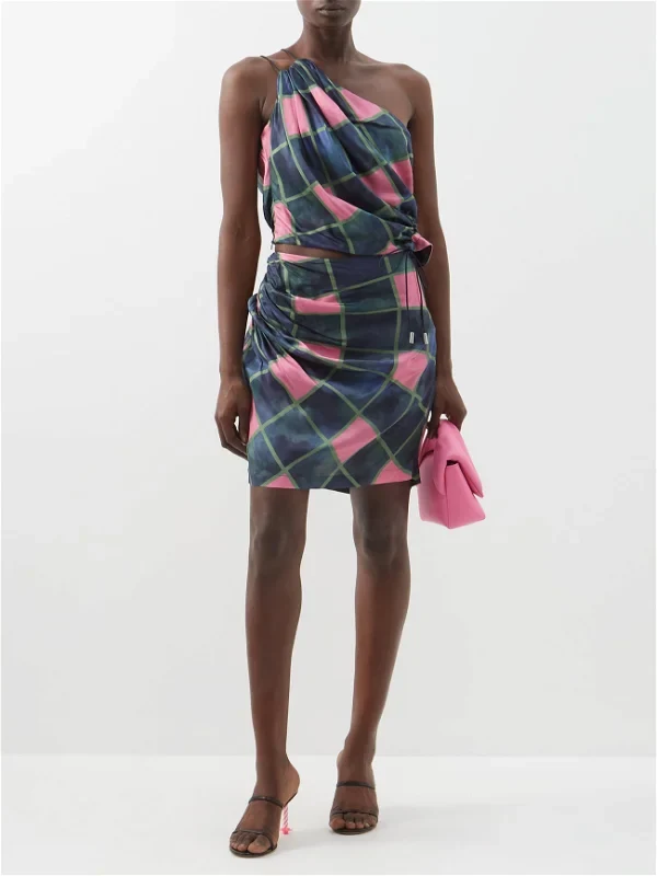 AHLUWALIA Patel One-Shoulder Draped Navy Pink Check Printed Satin Top - Imagen 4