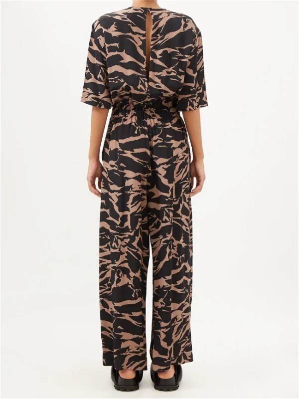 RAEY Camo-Tiger Print Silk Cinched Elastic Waist Wide-Leg Jumpsuit - Imagen 4