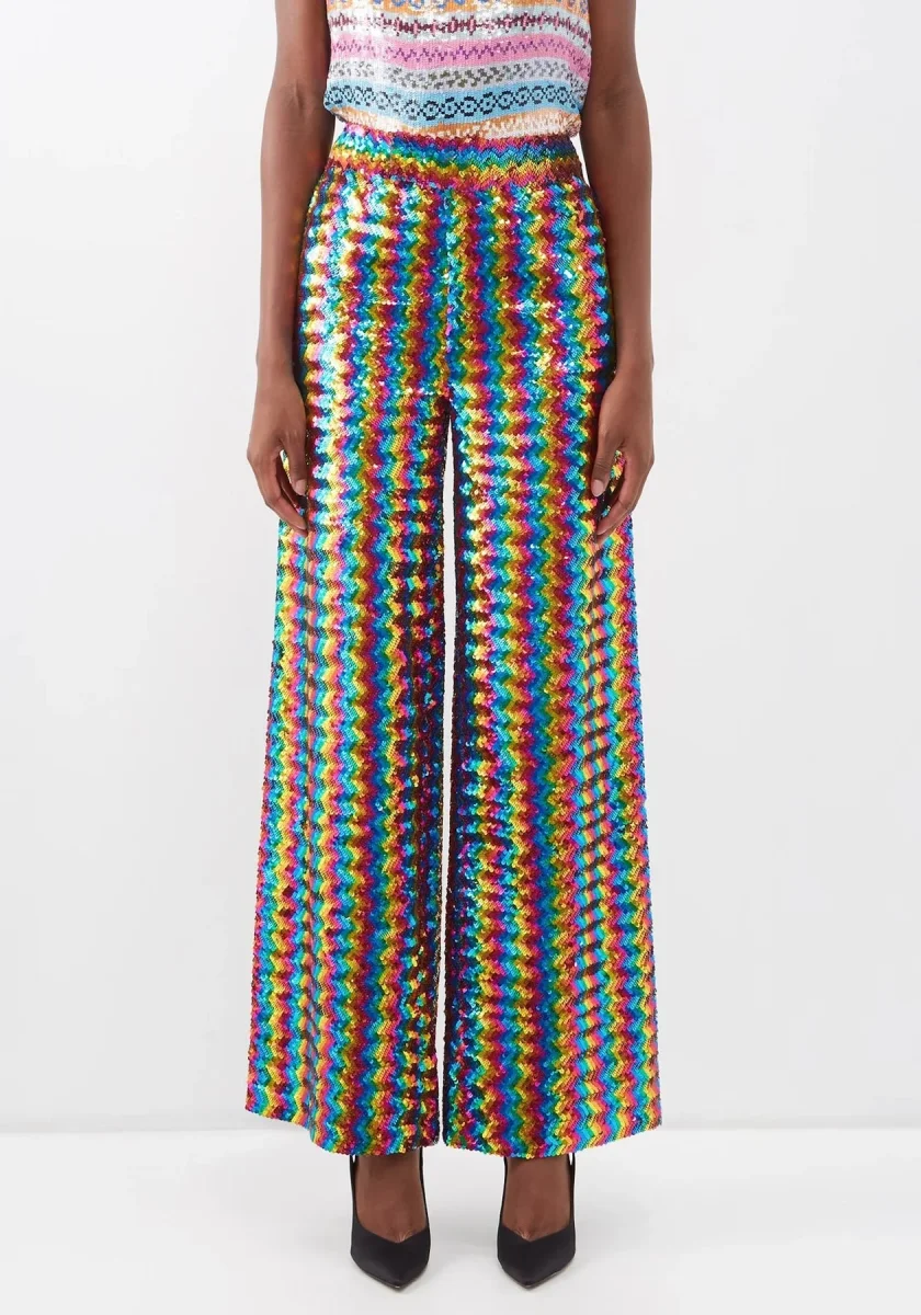 Ashish Sequinned Embellished Rainbow Chevron Georgette Trousers - Imagen 2