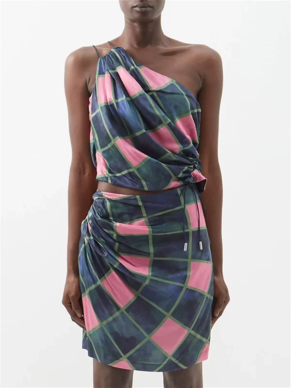 AHLUWALIA Patel One-Shoulder Draped Navy Pink Check Printed Satin Top - Imagen 3