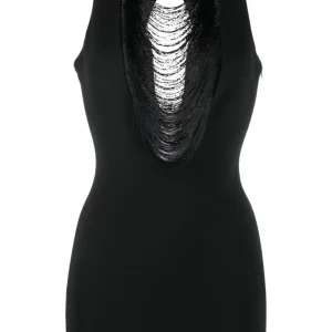 MAXIMILIAN DAVIS Black Fall Fringe Detail Mini Dress