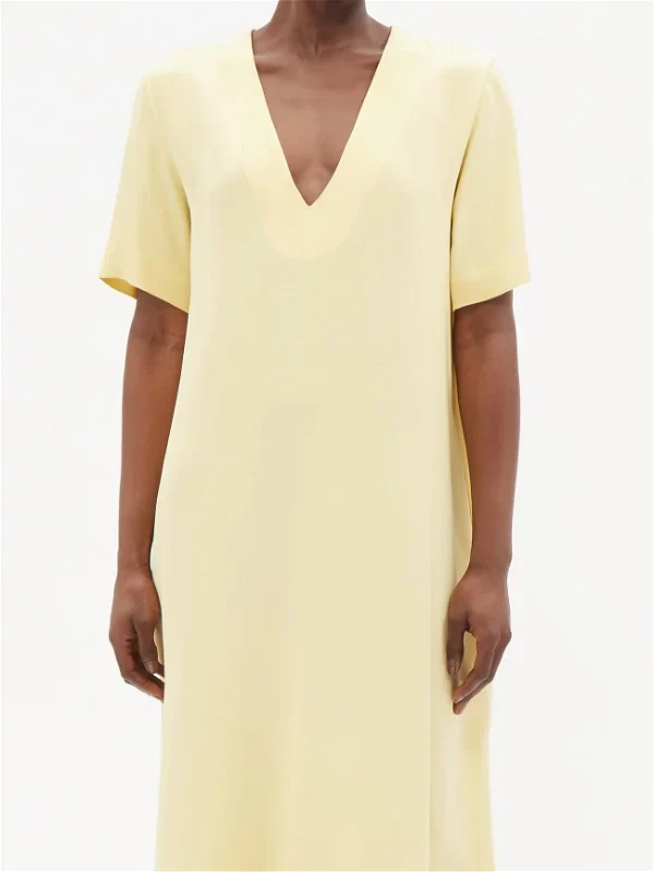 RAEY Yellow Low V-Neck Silk T-Shirt Maxi Dress - Imagen 6