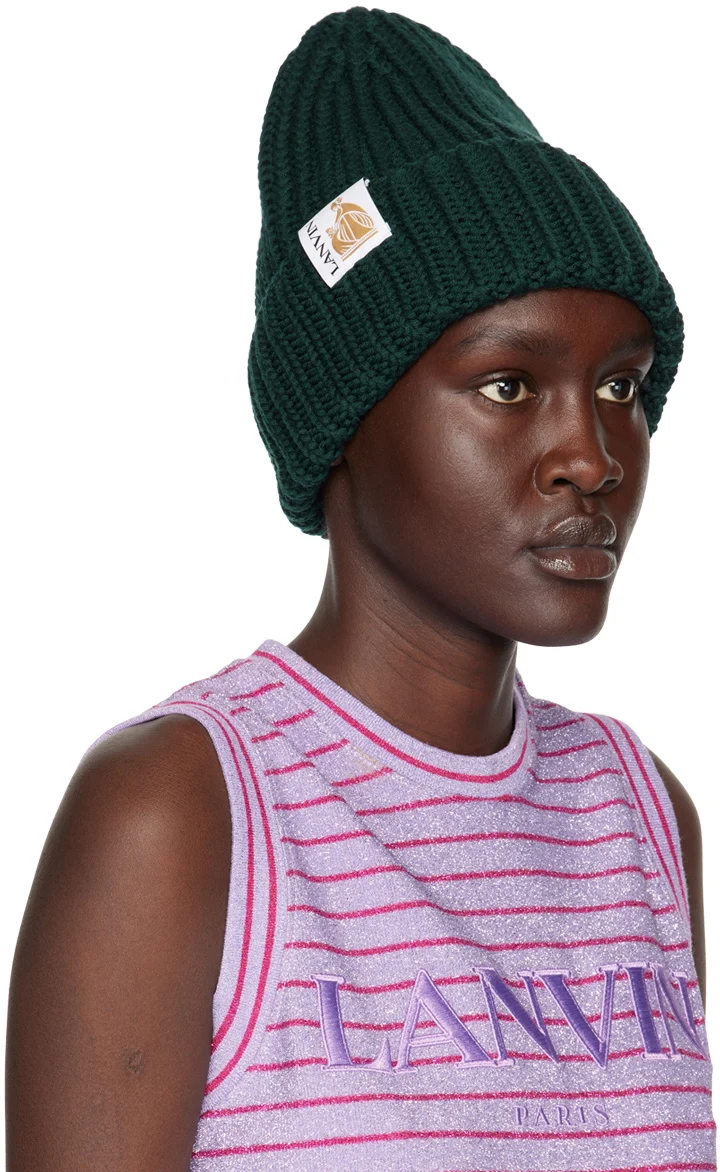 Lanvin Green Logo Tab Ribbed Knit Wool Beanie Hat - Imagen 5