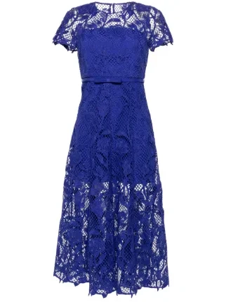 Self-Portrait Cobalt Blue Lace Belted Midi Dress
