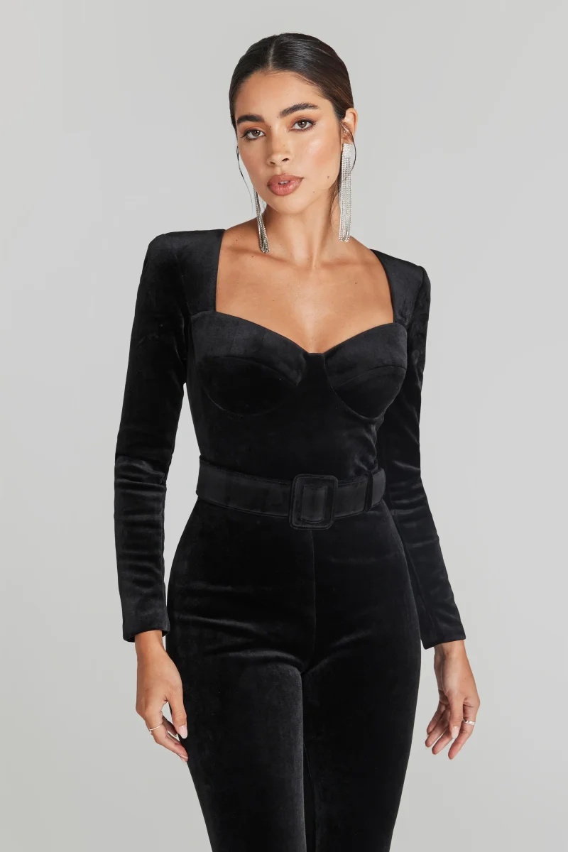Nadine Merabi Black Natalia Velvet Corseted Sweeheart Neck Jumpsuit - Imagen 4