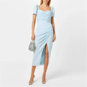 Self-Portrait Light Blue Sweetheart Neck Crepe Slit Leg Dress