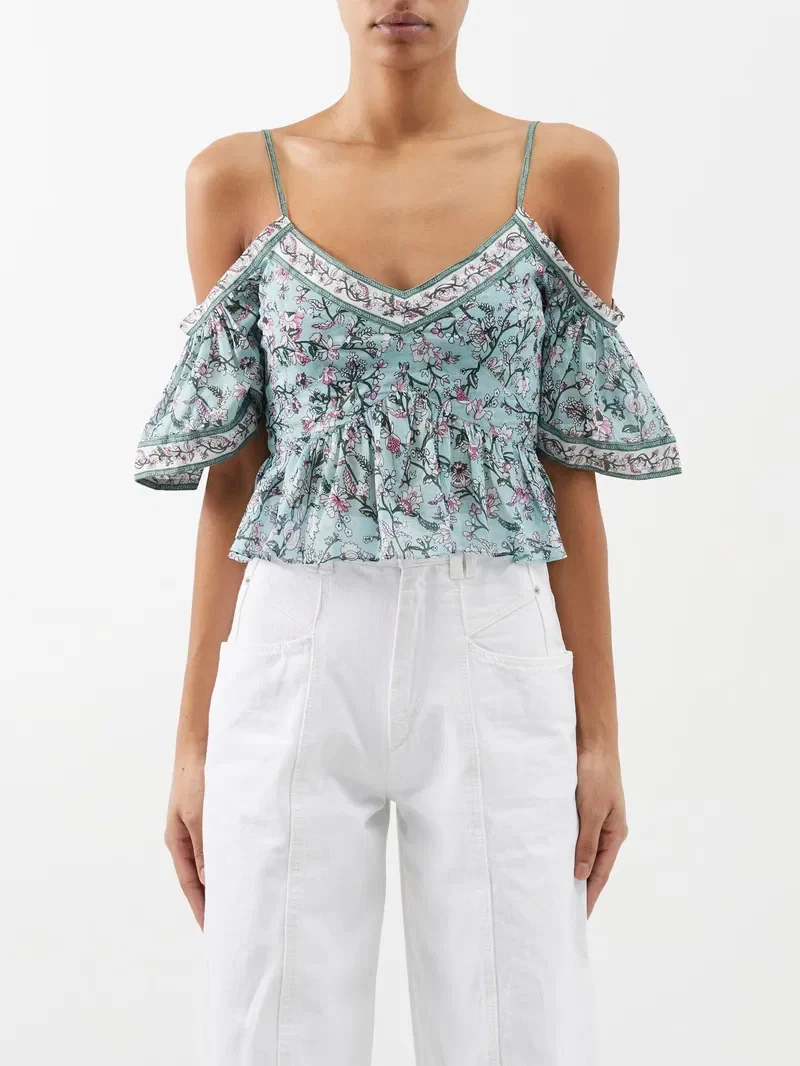 Isabel Marant Etoile Garuva Off-Shoulder Cotton Blue Floral Top - Imagen 2