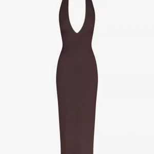 Skims Brown Ribbed Knit Stretch Woven Halterneck Maxi Dress