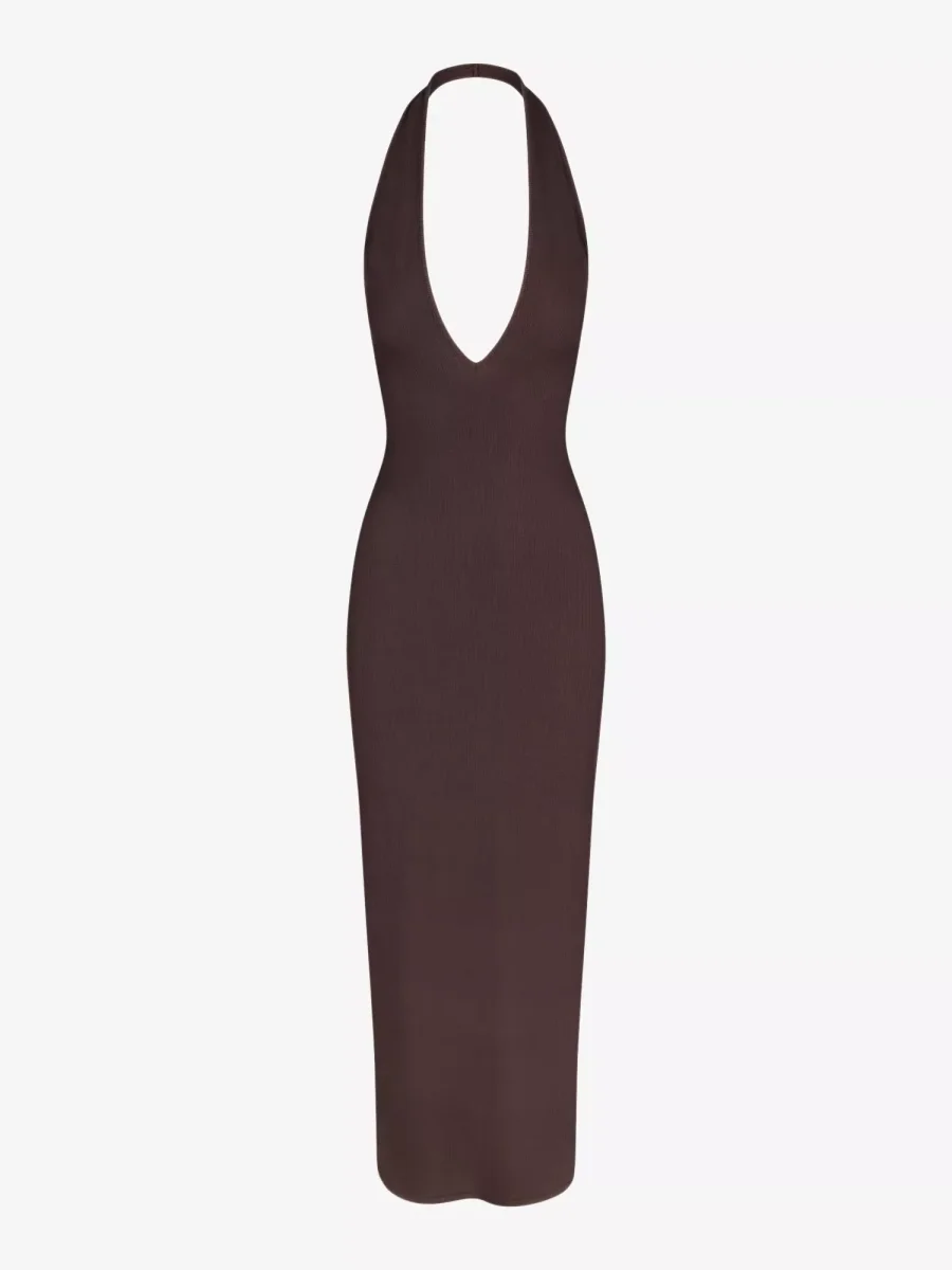 Skims Brown Ribbed Knit Stretch Woven Halterneck Maxi Dress - Imagen 2