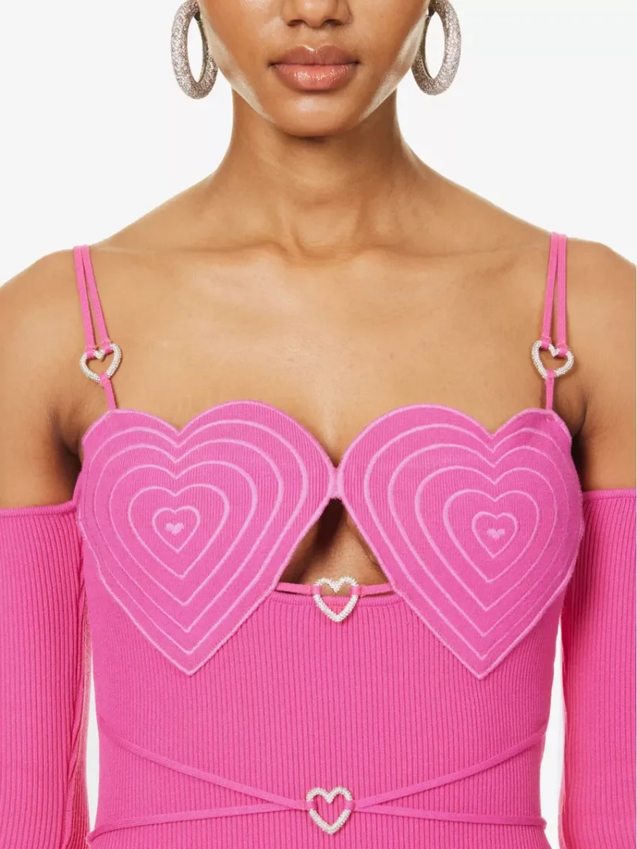 MACH & MACH Love Heart Crystal Detail Pink Knit Off Shoulder Party P21 Mini Dress - Imagen 5