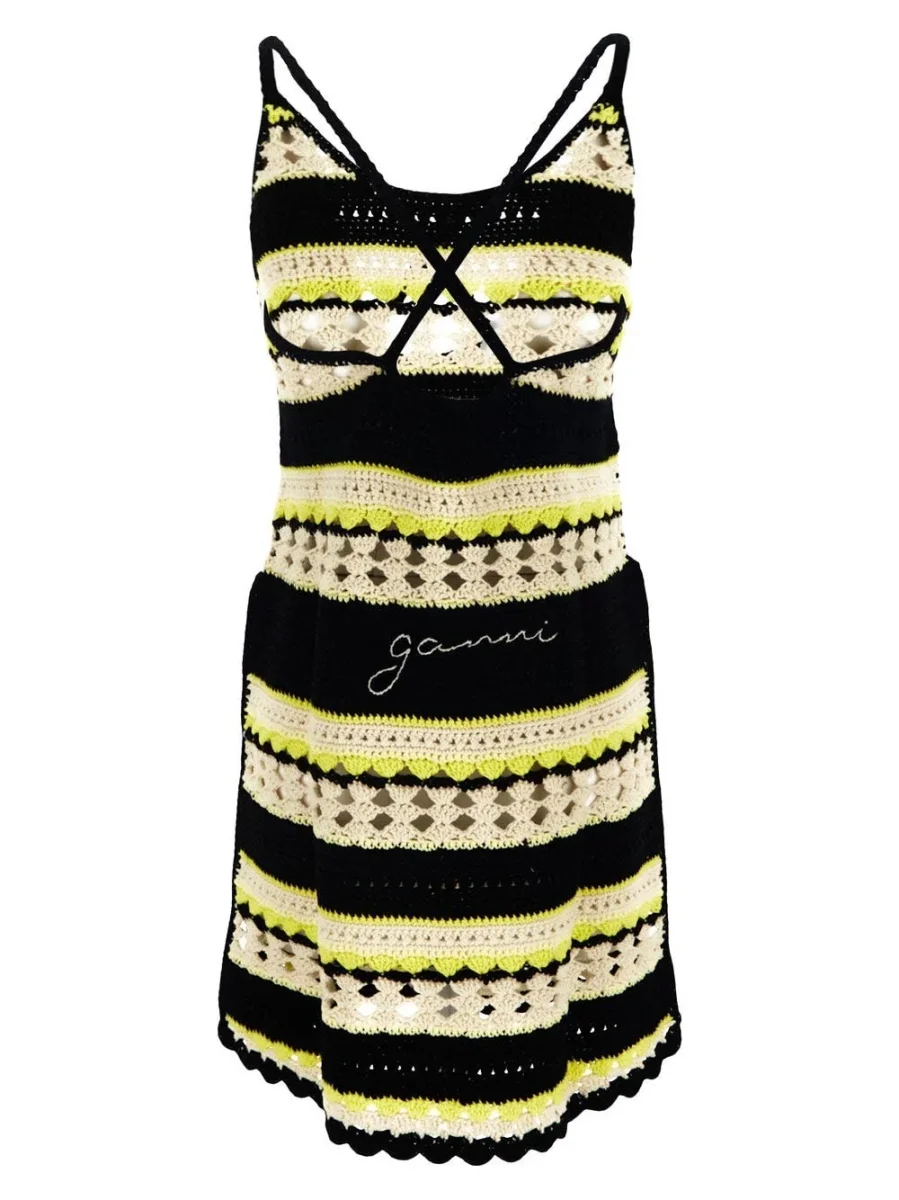 Ganni Logo Crochet Striped Strappy Mini Dress - Imagen 3