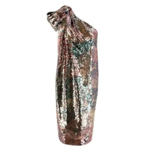 Halpern Sequinned One Shoulder Multicoloiur Party Dress