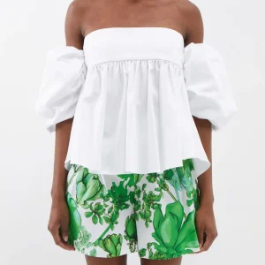 KIKA VARGAS White Ally Balloon Sleeve Off-The-Shoulder Taffeta Top