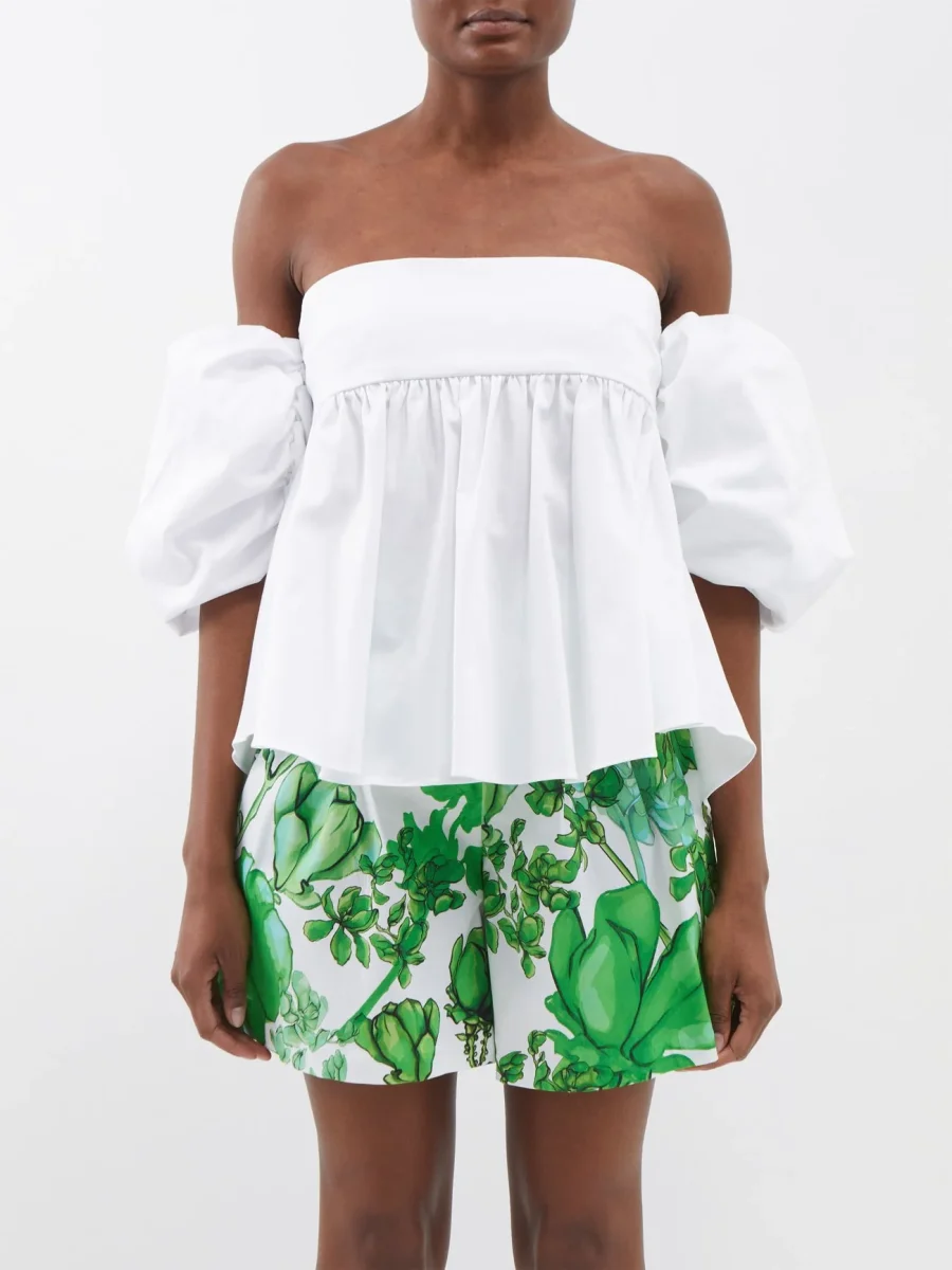 KIKA VARGAS White Off Shoulder Balloon Sleeve Taffeta Top - Imagen 3