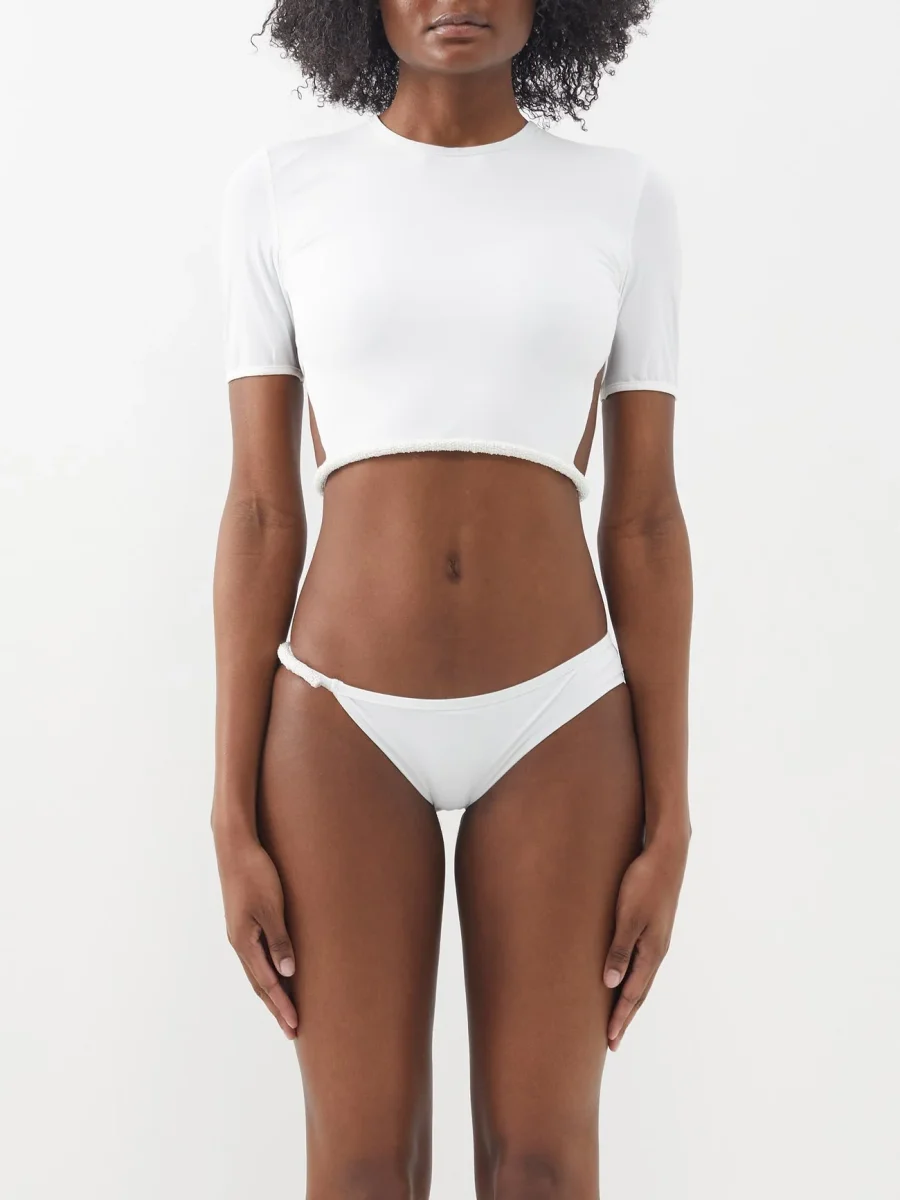 CHRISTOPHER ESBER White Seed Bead Embroidered Backless Tie-Up Bikini Top - Imagen 2