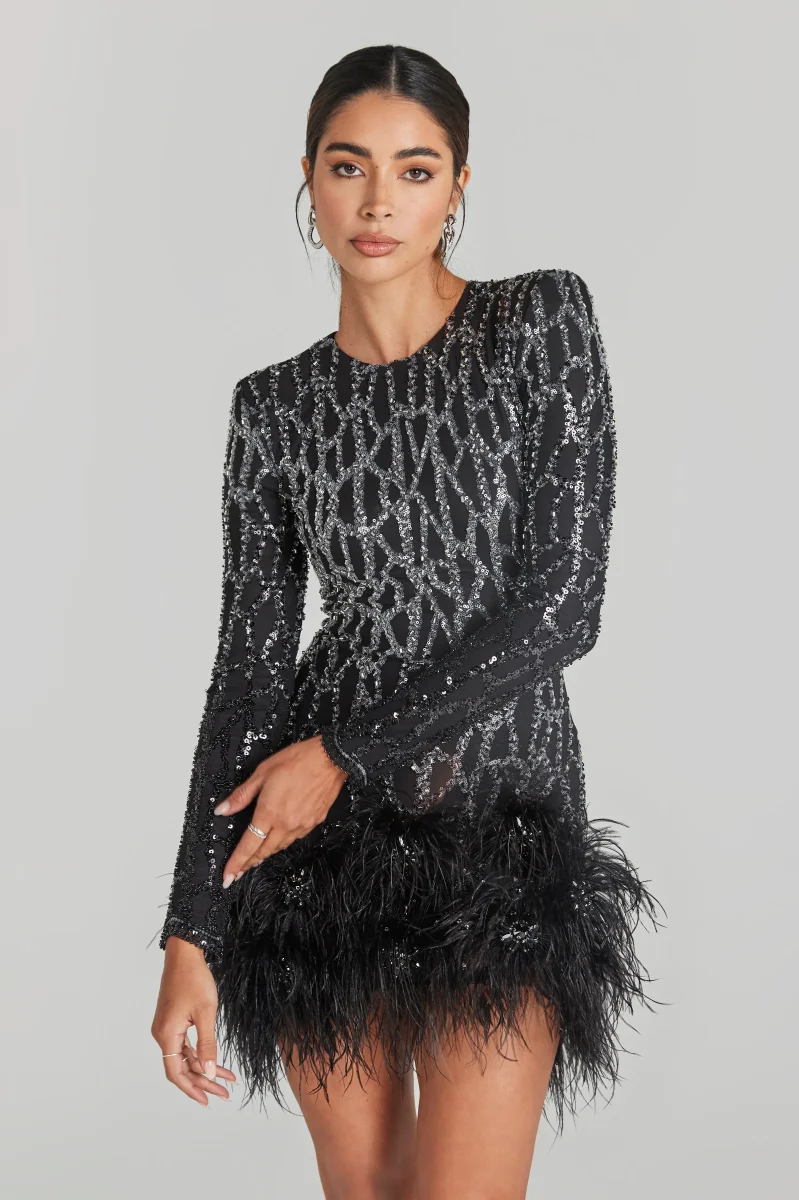 Nadine Merabi Black Lexi Beaded Embellished Feather Hem Mini Dress - Imagen 8