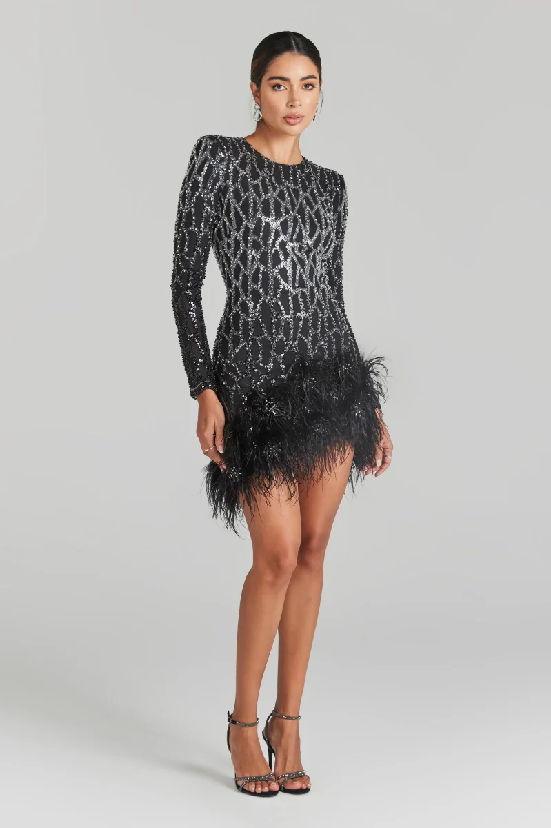 Nadine Merabi Black Lexi Beaded Embellished Feather Hem Mini Dress - Imagen 6