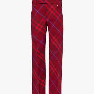 Burberry Checked Red Wool Straight Leg Mid Rise Trousers