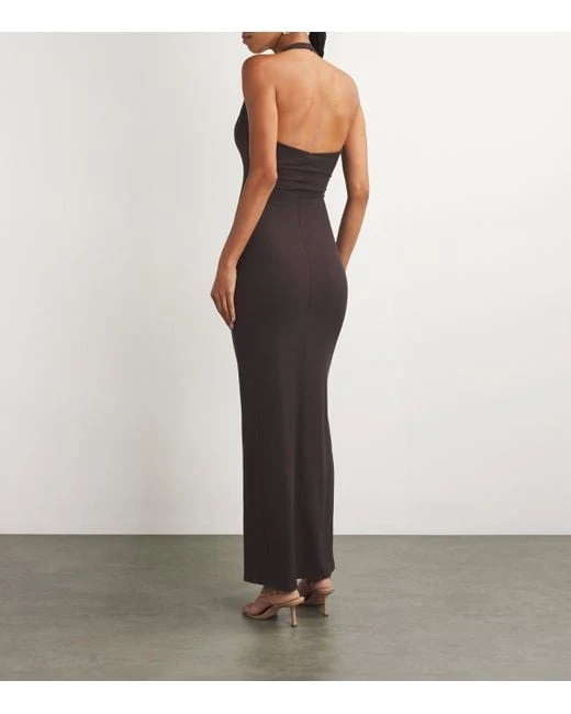 Skims Brown Ribbed Knit Stretch Woven Halterneck Maxi Dress - Imagen 4