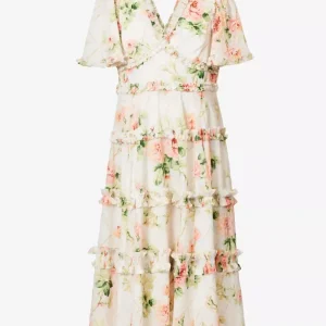 NEEDLE AND THREAD Harlequin Rose Floral Print Ruffle Flutter Sleeve Midi Dress