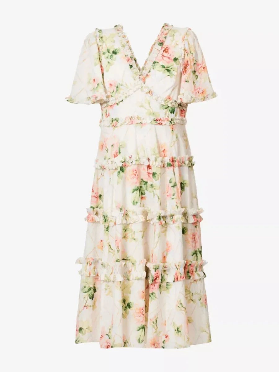 NEEDLE AND THREAD Harlequin Rose Floral Print Ruffle Flutter Sleeve Midi Dress