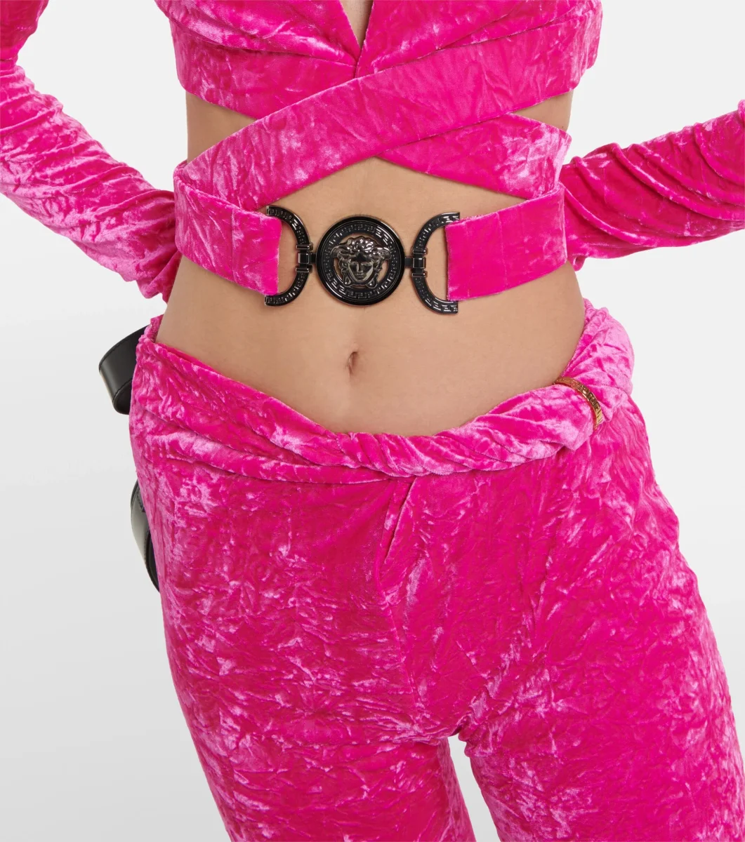 Versace Pink Crushed Velvet Gold Ring Detail Trousers - Imagen 8