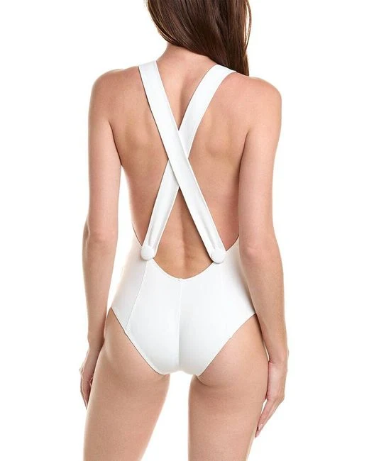 LISA MARIE FERNANDEZ White Criss Cross Back Button Detail Swimsuit - Imagen 3