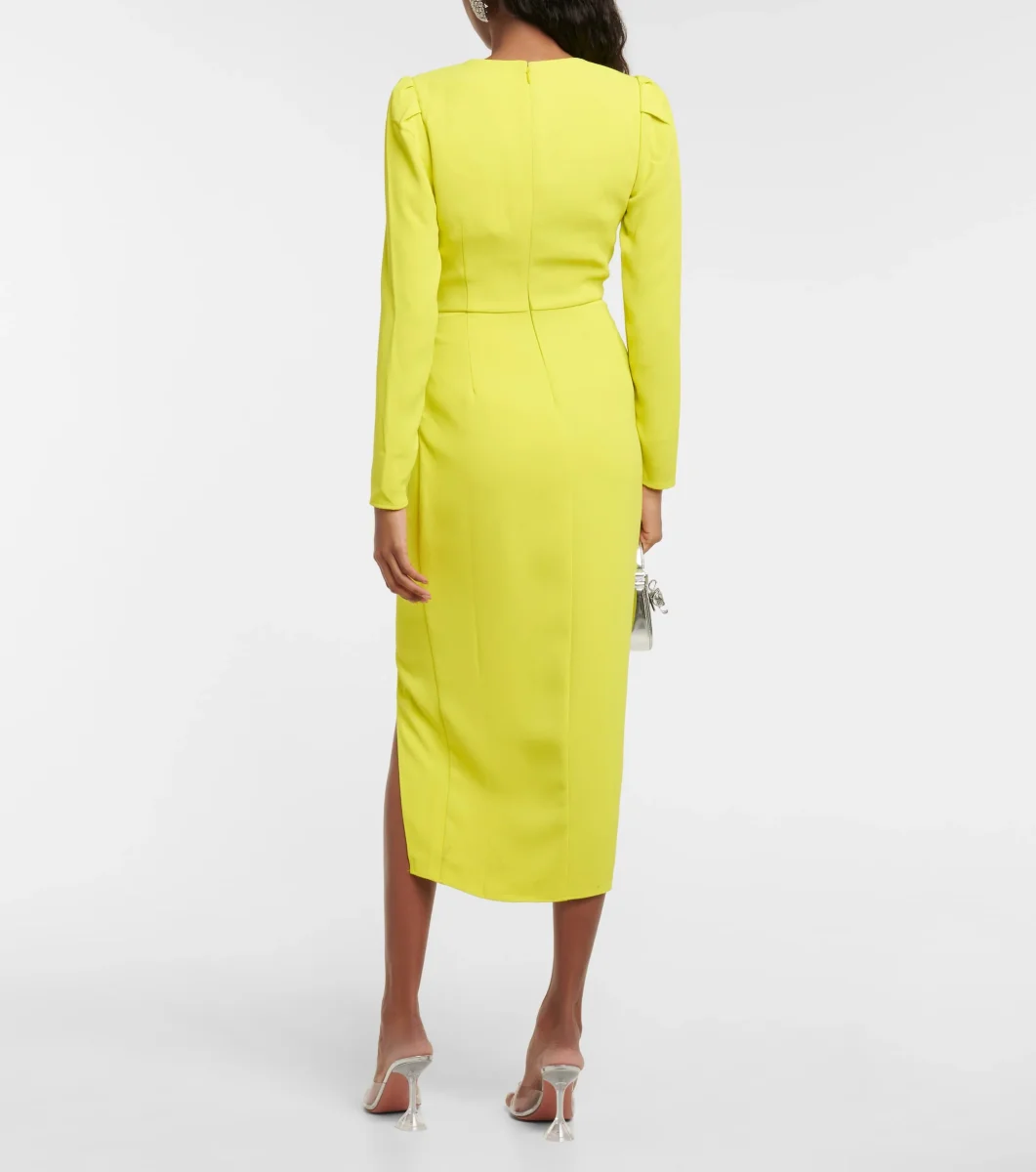 Self-Portrait Lime Green Ruched Crêpe Midi Dress - Imagen 8
