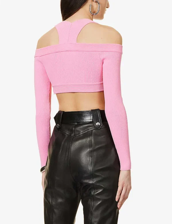 Alexander McQueen Pink Sweetheart Neck Cropped Rib Knit Long Sleeve Top - Imagen 7