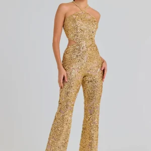 Nadine Merabi Gold Hallie Sequin Embellished Beaded Jumpsuit