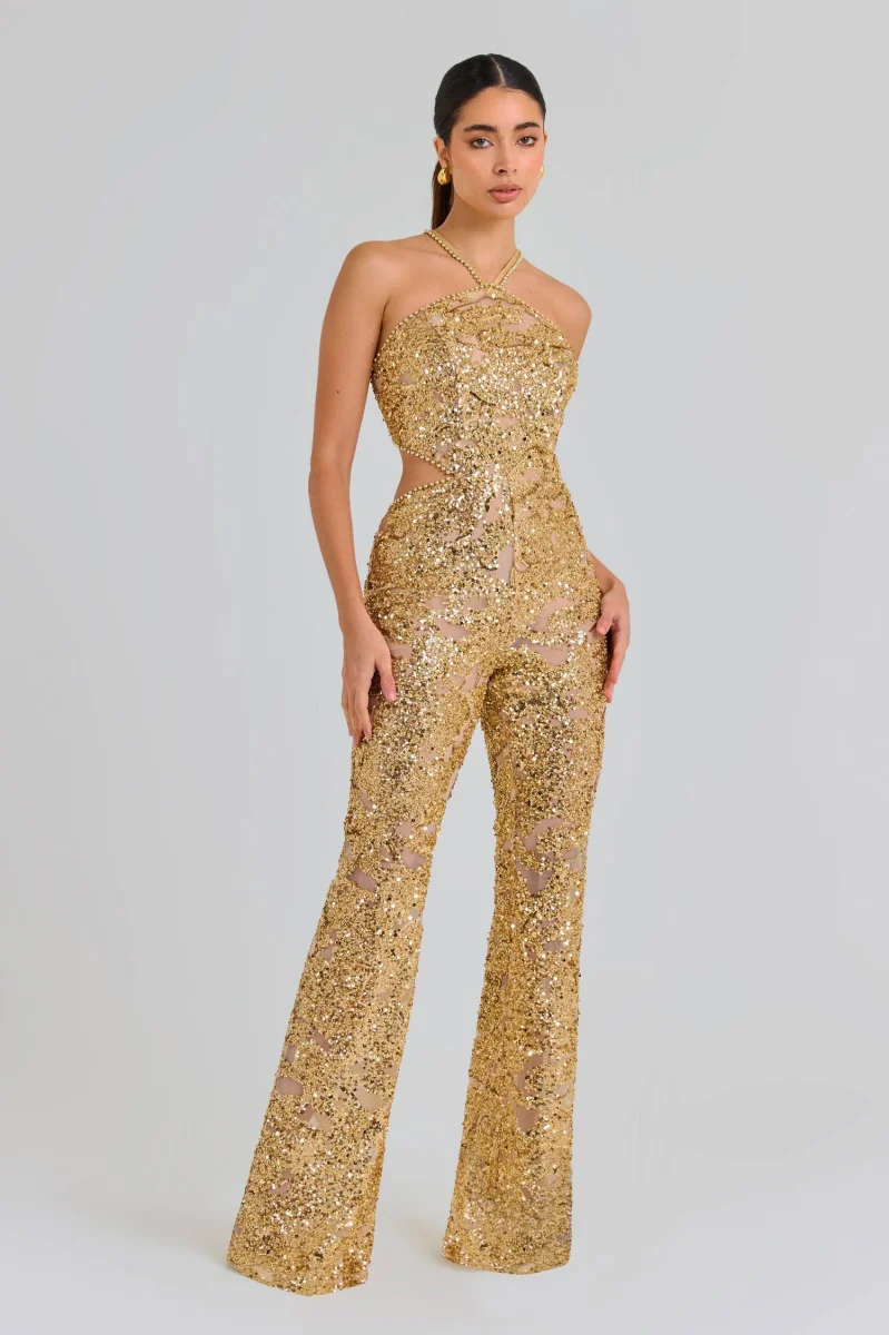 Nadine Merabi Gold Hallie Sequin Embellished Beaded Jumpsuit - Imagen 2