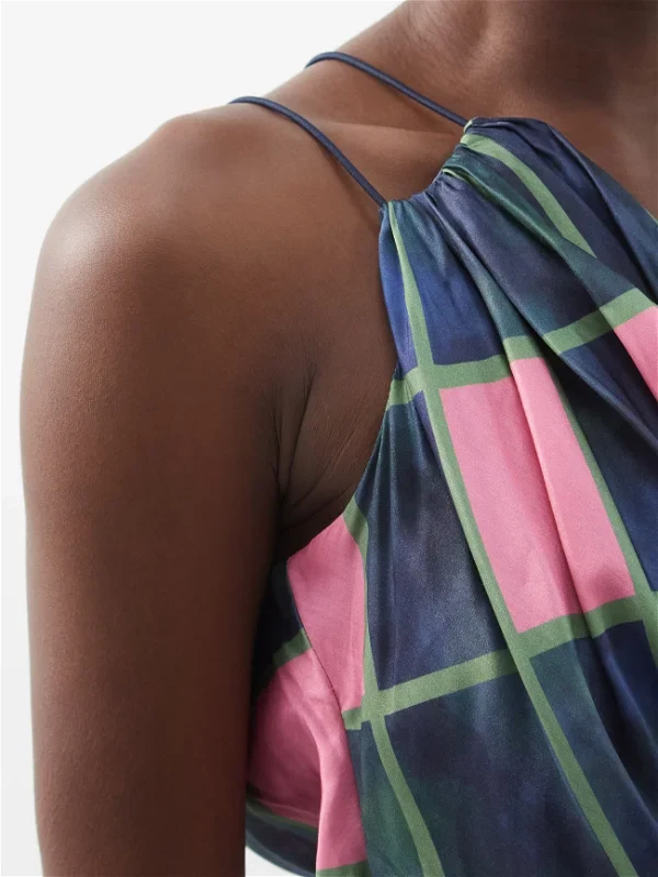 AHLUWALIA Patel One-Shoulder Draped Navy Pink Check Printed Satin Top - Imagen 7